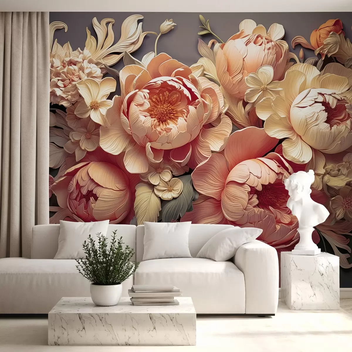 murales de pared Arreglo floral en 3D con peonías rosa-beige y rosas estilo Rococó sobre fondo oscuro w01933