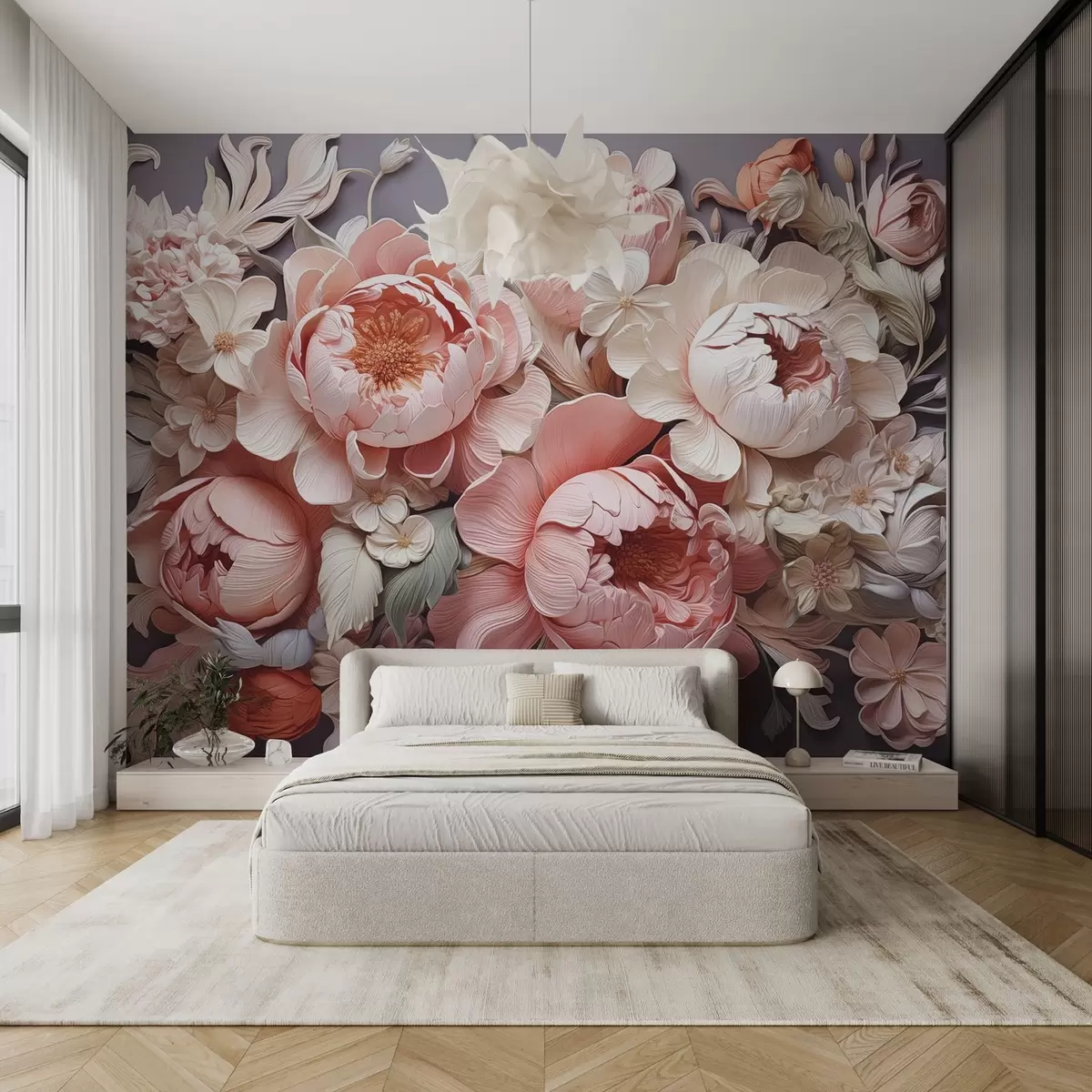 murales de pared Arreglo floral de peonias y rosas rosa-beige de estilo rococó en colores claros w01933v1