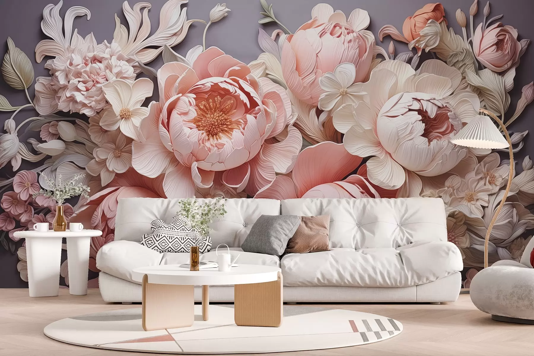 murales de pared Arreglo floral de peonias y rosas rosa-beige de estilo rococó en colores claros w01933v1