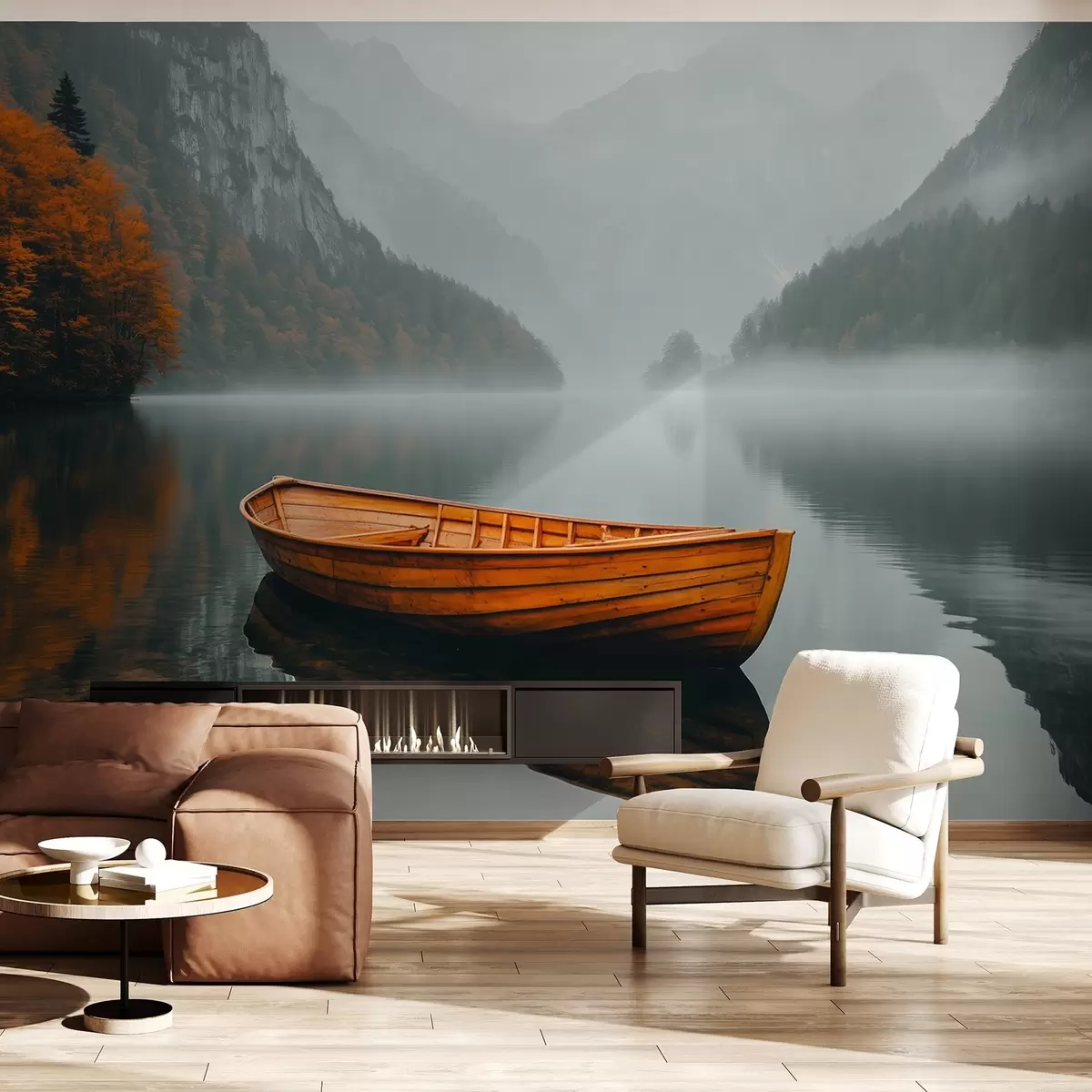 murales de pared Un barco de madera flota en un lago, rodeado de espesa niebla y montañas detrás w02195