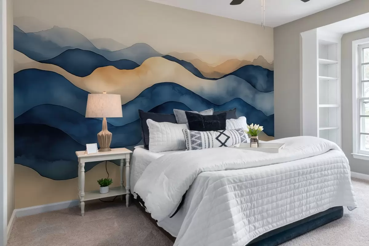 murales de pared Ondas abstractas azul-beige que recuerdan a montañas w02196