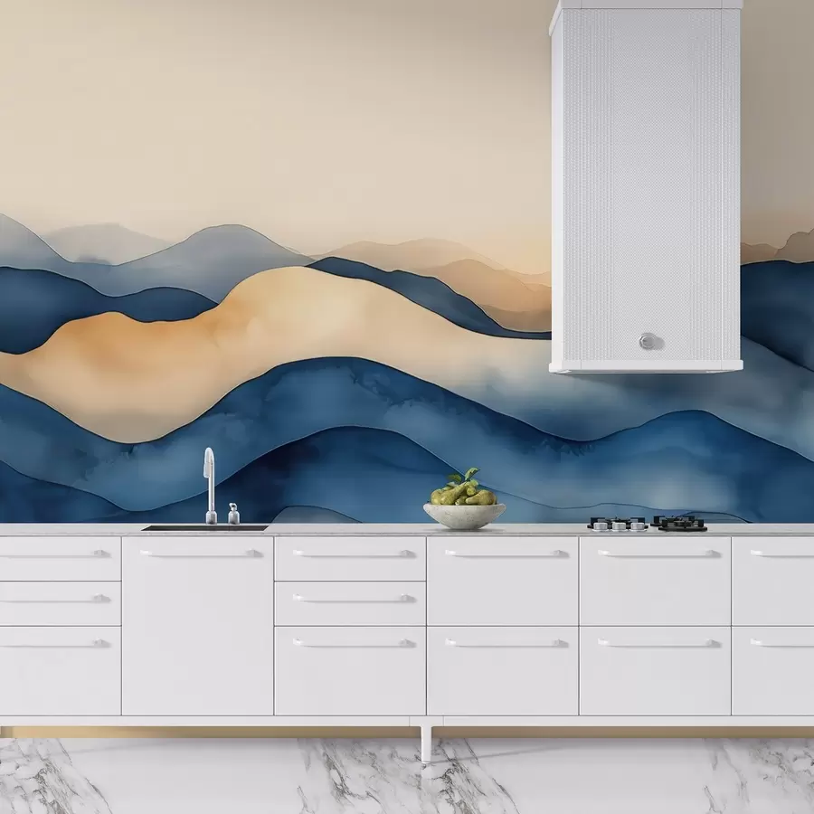 murales de pared Ondas abstractas azul-beige que recuerdan a montañas w02196