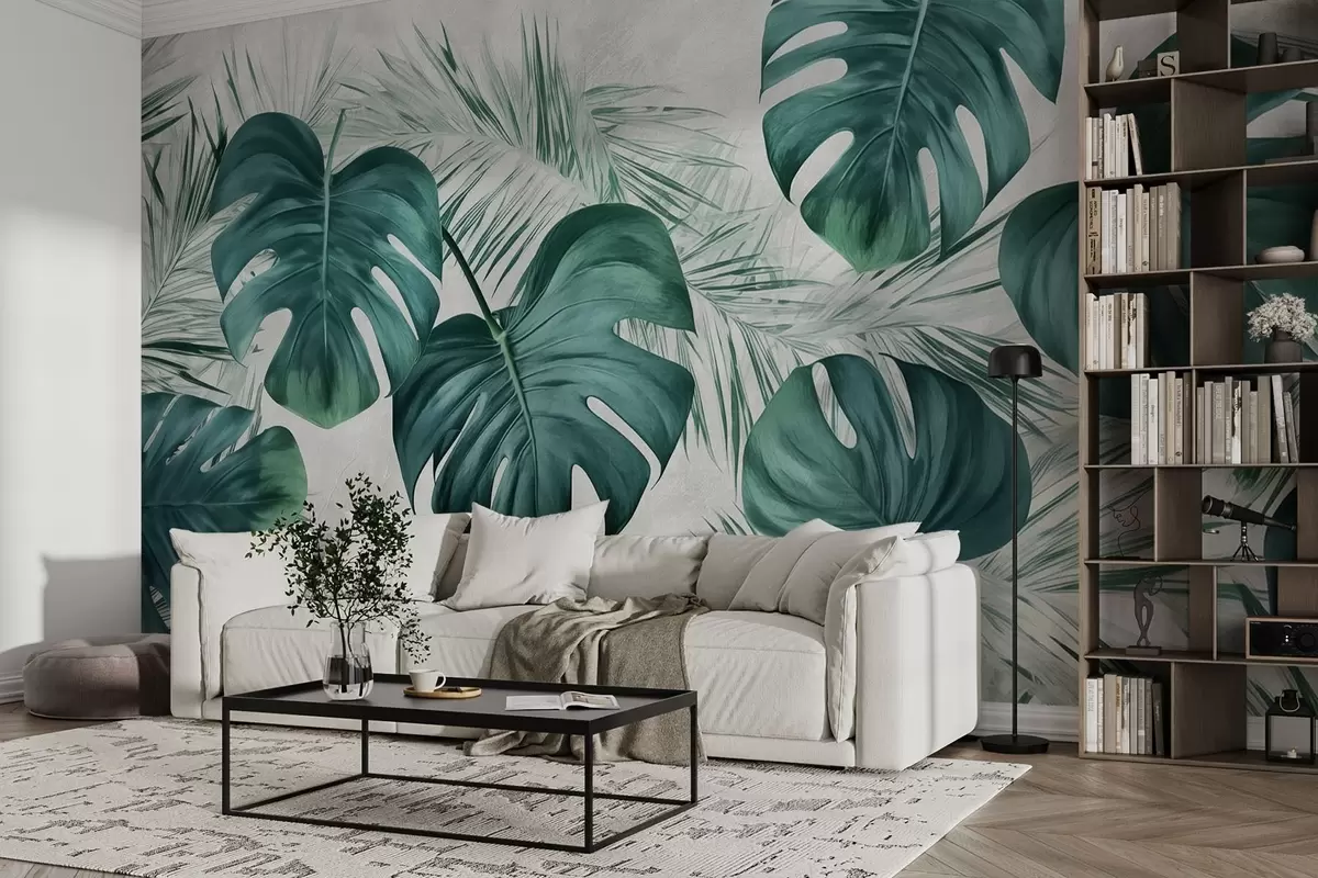 murales de pared Grandes hojas de monstera y hojas tropicales w01891