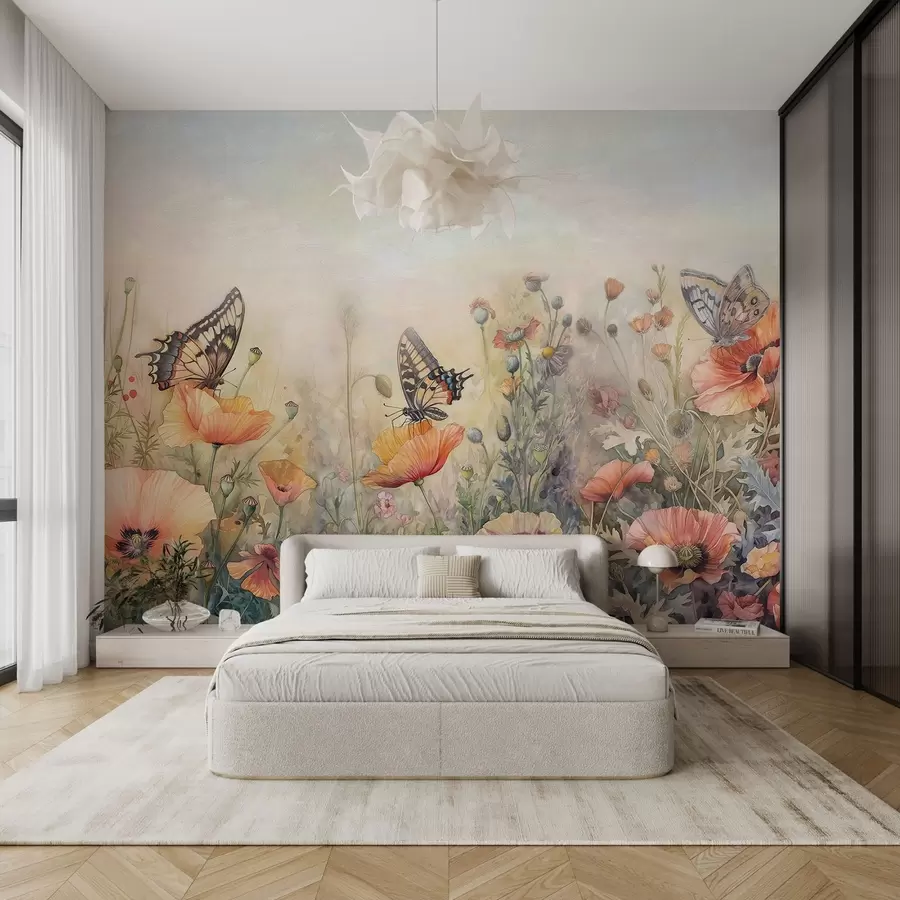 murales de pared Grandes mariposas en flores silvestres w01896