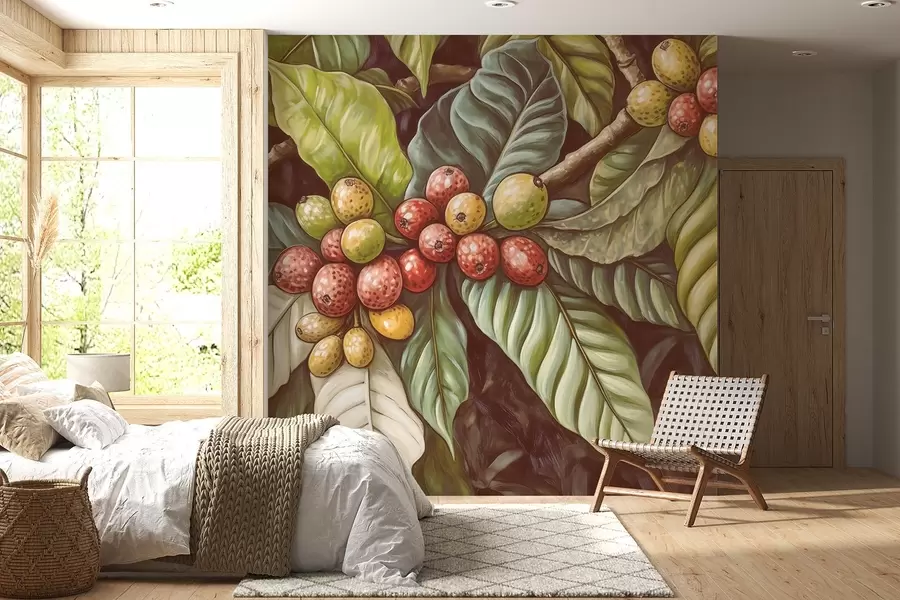 murales de pared Ramas de cafeto con frutas y elementos tropicales w02209