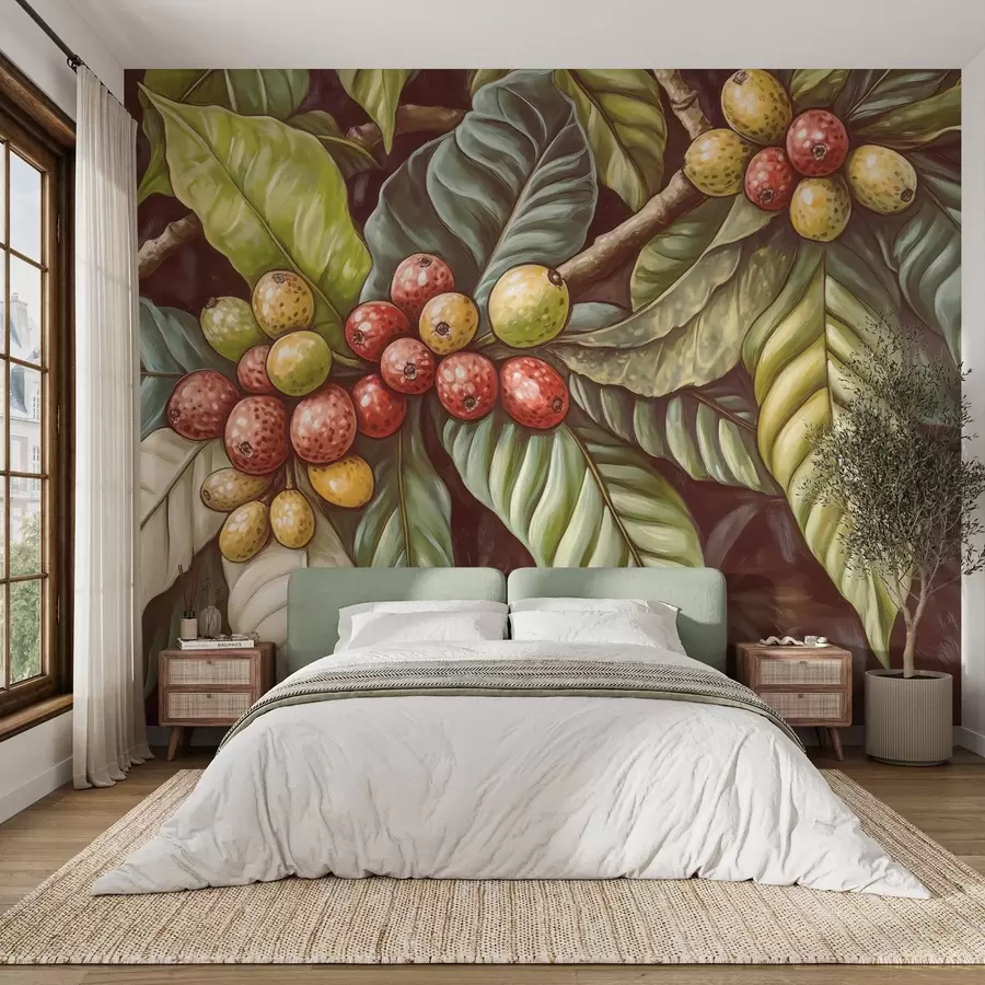 murales de pared Ramas de cafeto con frutas y elementos tropicales w02209