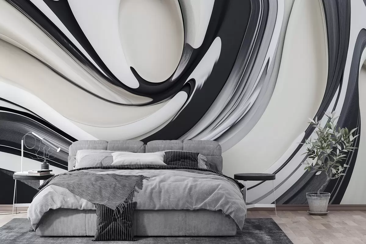 murales de pared Forma abstracta 3D fluida sobre fondo blanco y negro  w02236
