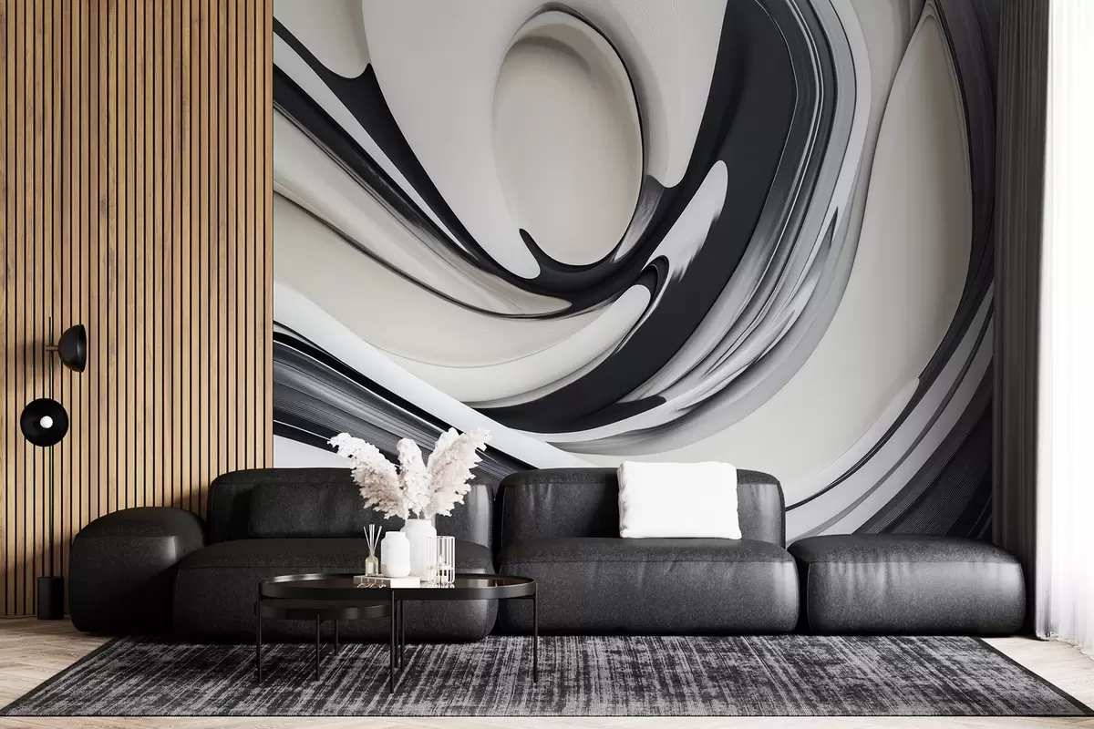 murales de pared Forma abstracta 3D fluida sobre fondo blanco y negro  w02236