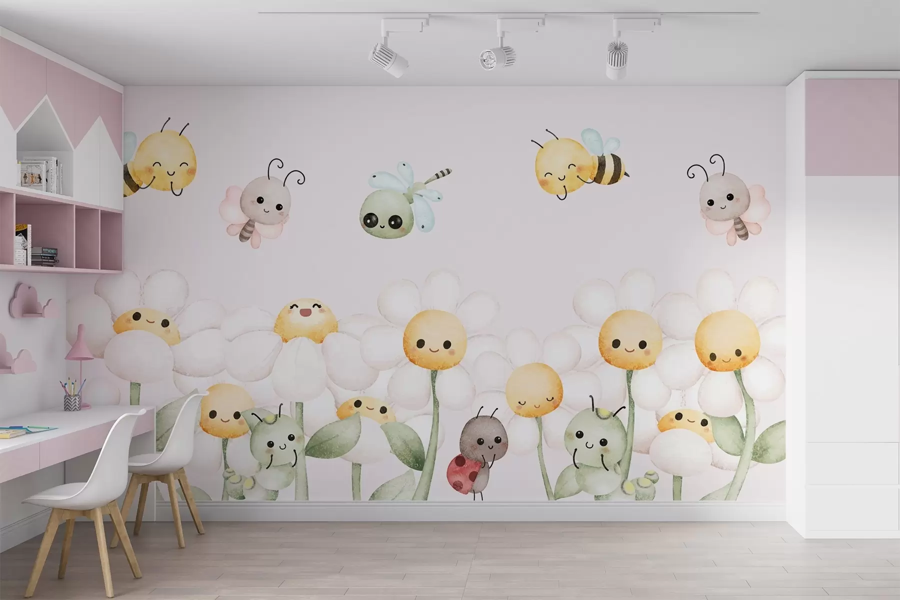 murales de pared Grandes margaritas e insectos w02284