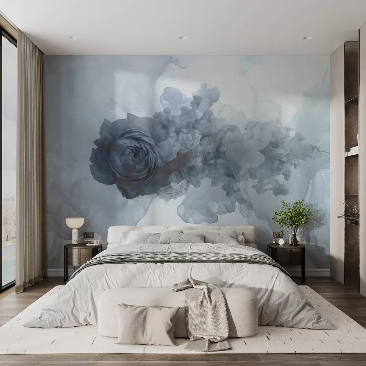 murales de pared Rosa en el humo. El papel pintado se inspira en los patrones aéreos de la fatalidad y la rosa. En colores fríos. w02138