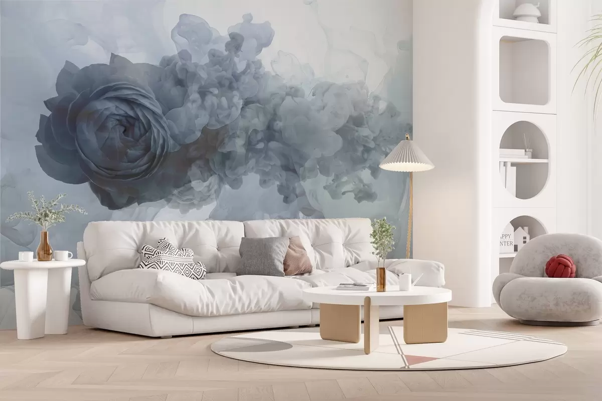 murales de pared Rosa en el humo. El papel pintado se inspira en los patrones aéreos de la fatalidad y la rosa. En colores fríos. w02138