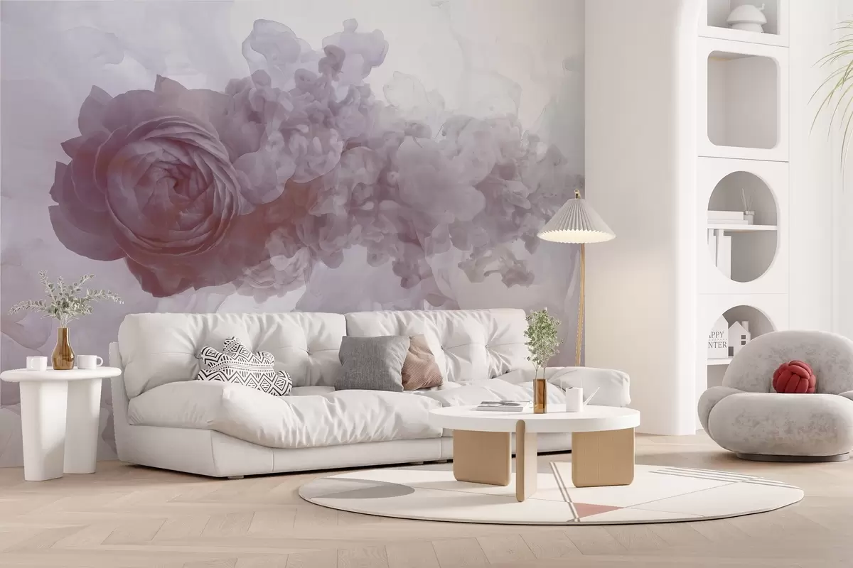 murales de pared Rosa en el humo. El papel pintado se inspira en los patrones aéreos de la fatalidad y la rosa. En tonos morados. w02138v2