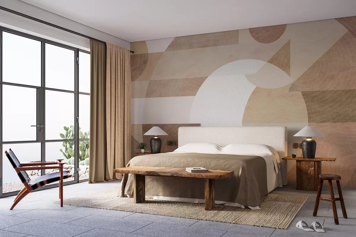 murales de pared Geometría moderna con formas abstractas, detalles texturizados en tonos beige y marrón w02140