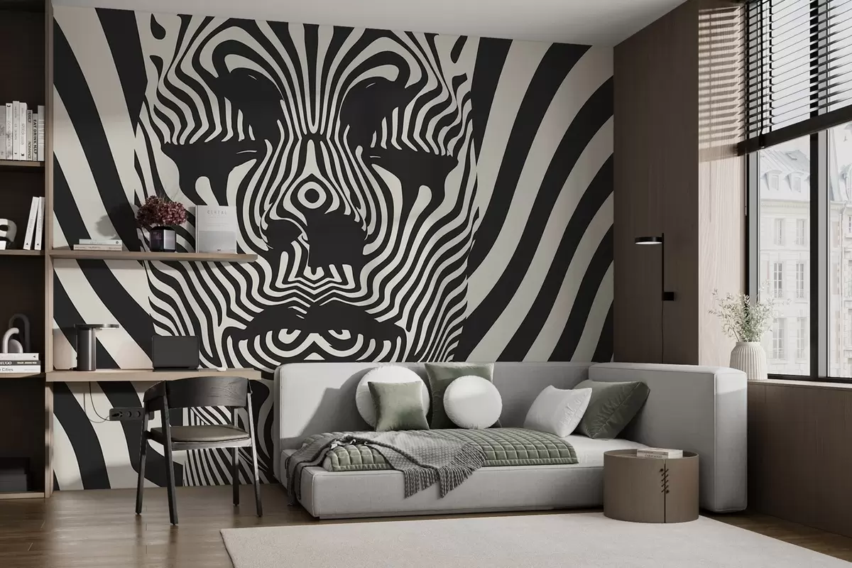 murales de pared Op art estilo enrejado con la cara abstracta, líneas onduladas sobre fondo de color claro. w02285