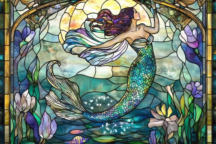 murales de pared Papel pintado de estilo vidriera con la imagen de una sirena mágica w02286