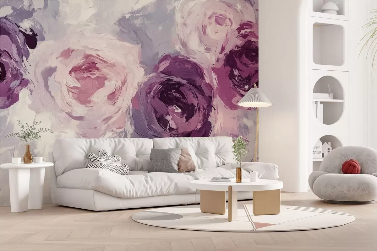 murales de pared El papel pintado es una imitación de la pintura al óleo, con grandes flores de rosa difuminadas en tonos pastel.  w02288
