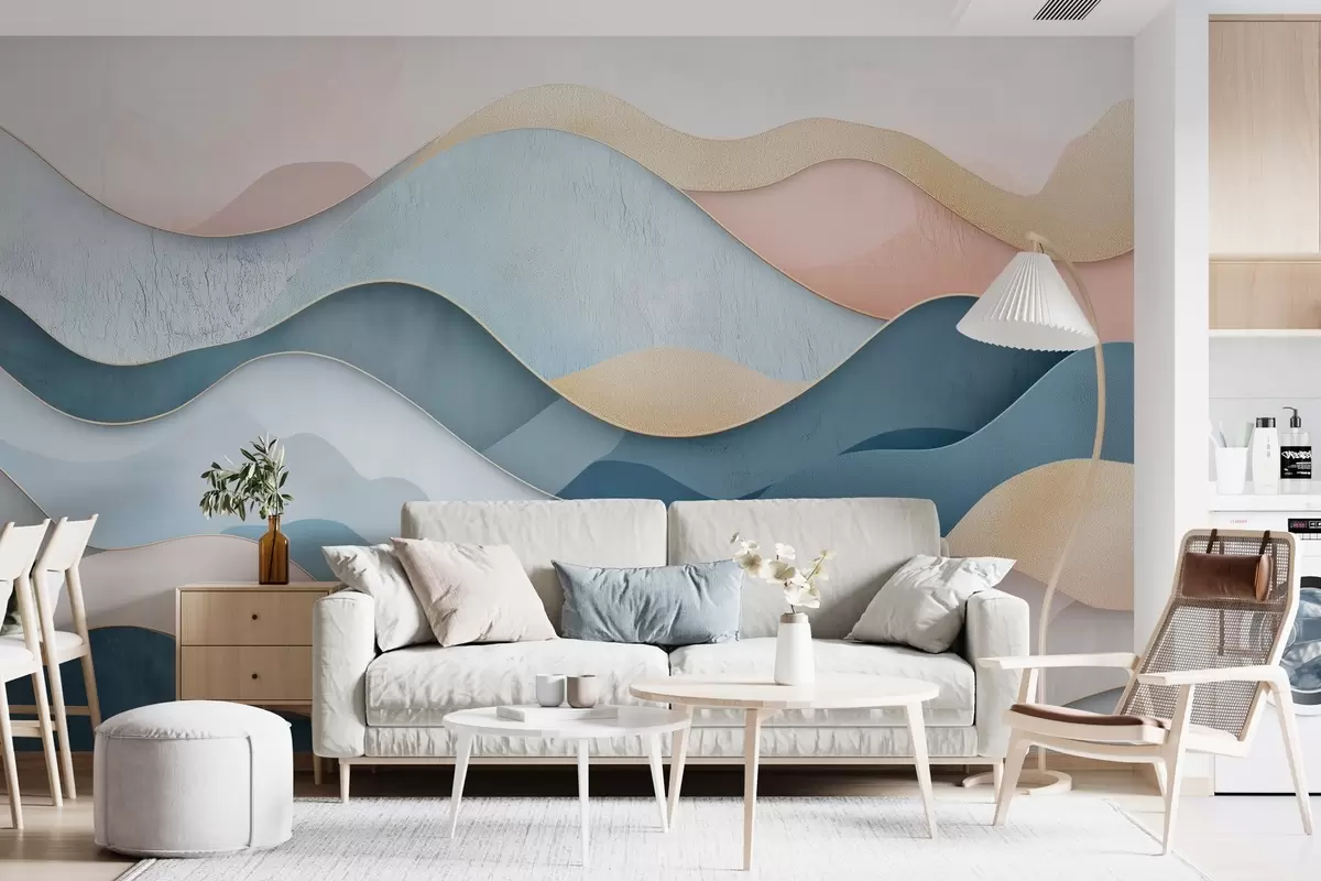 murales de pared Motivo Art Déco ondulado en colores rosa y azul w02290