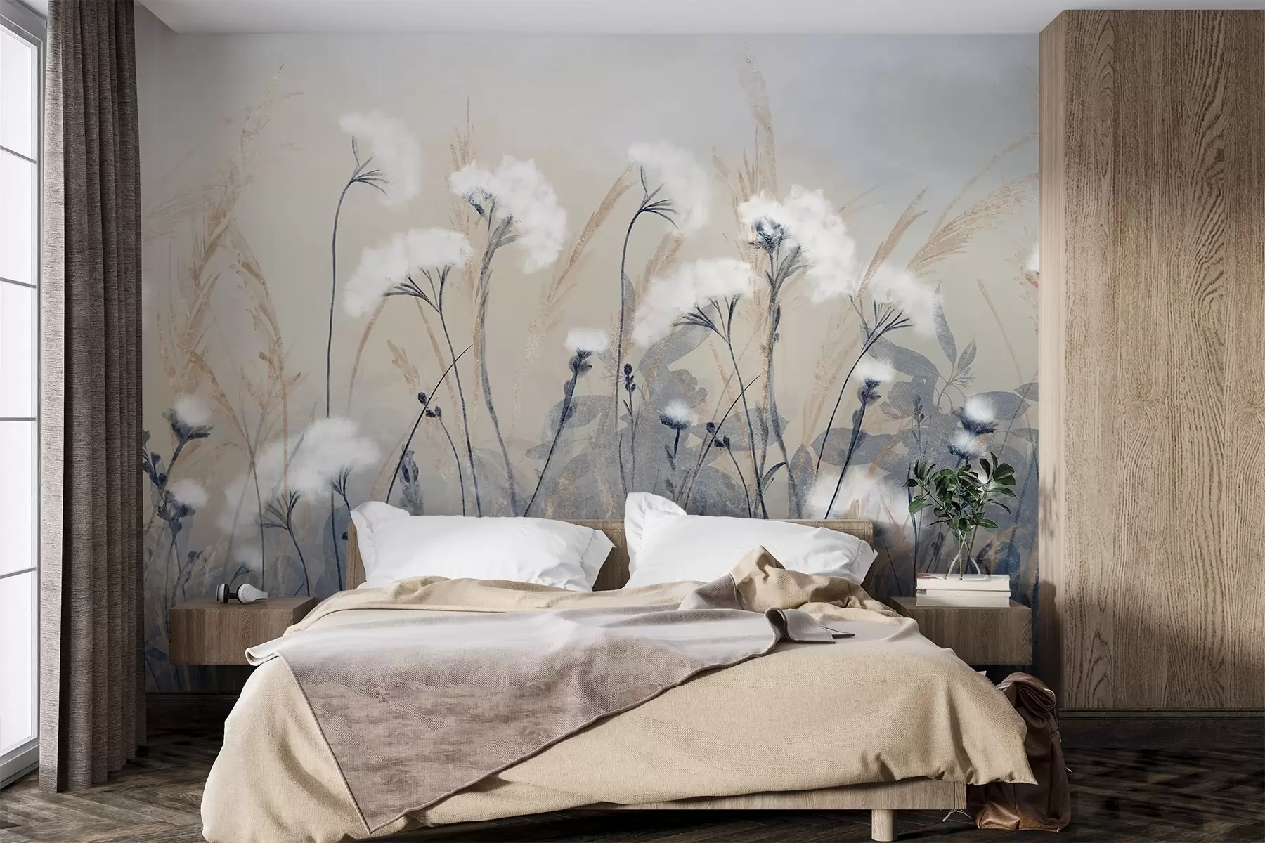 murales de pared Hierba de algodón blanca y esponjosa sobre un fondo de textura borrosa, con una atmósfera suave, brumosa y serena w08416