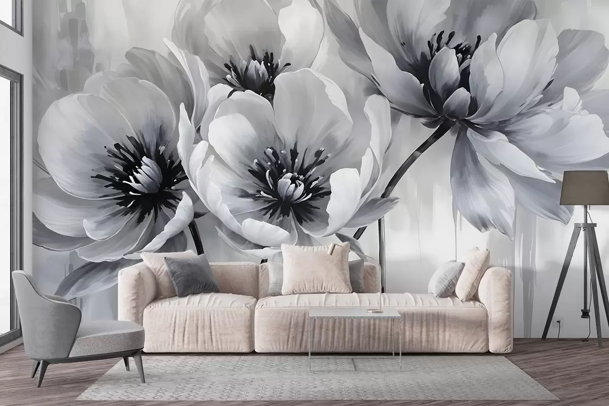 murales de pared Flores de tulipán monocromas con pétalos suaves y difuminados sobre un fondo claro w08418