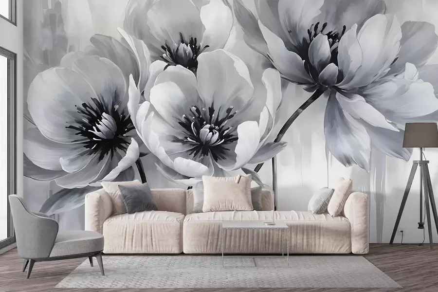 murales de pared Flores de tulipán monocromas con pétalos suaves y difuminados sobre un fondo claro w08418