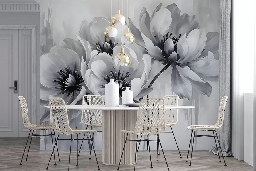 murales de pared Flores de tulipán monocromas con pétalos suaves y difuminados sobre un fondo claro w08418