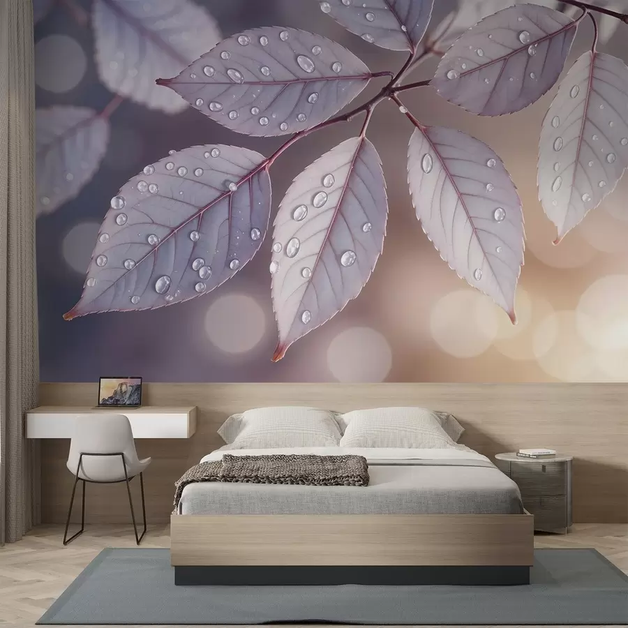 murales de pared Delicadas hojas moradas con gotas de agua, fondo de enfoque suave w08419