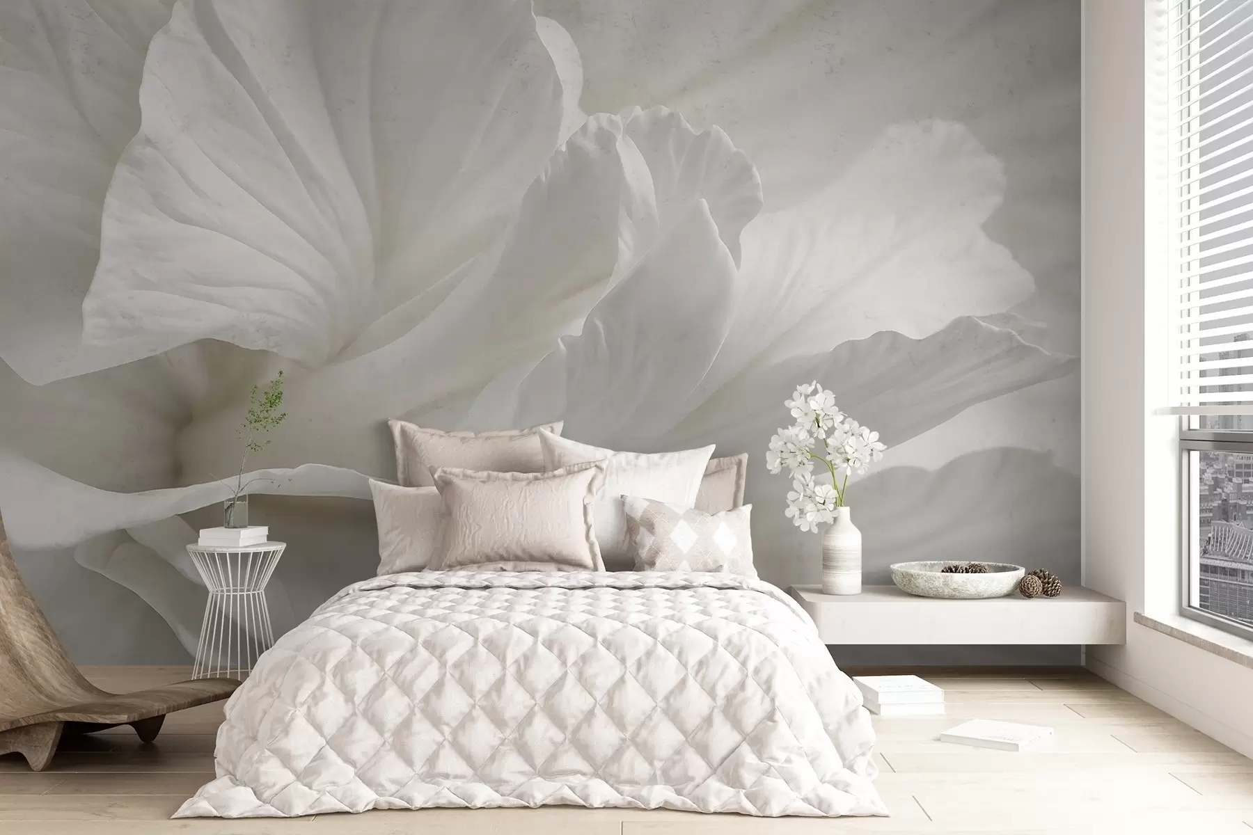 murales de pared Estampado minimalista abstracto de una delicada flor blanca con pétalos suaves y aterciopelados w08424