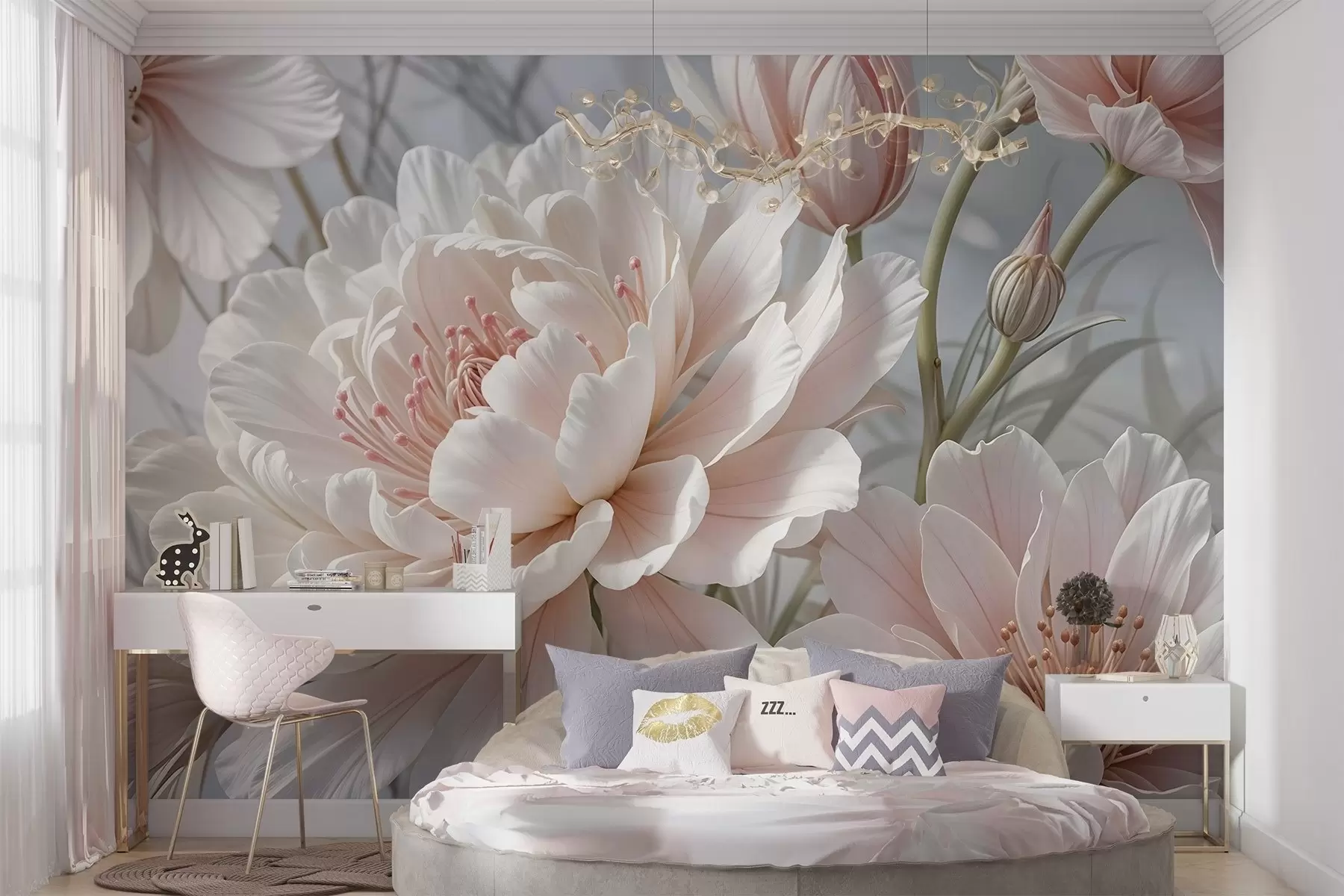 murales de pared Grandes y delicadas flores de peonía blancas y rosas con pétalos suaves y esponjosos sobre un fondo gris difuminado w08427
