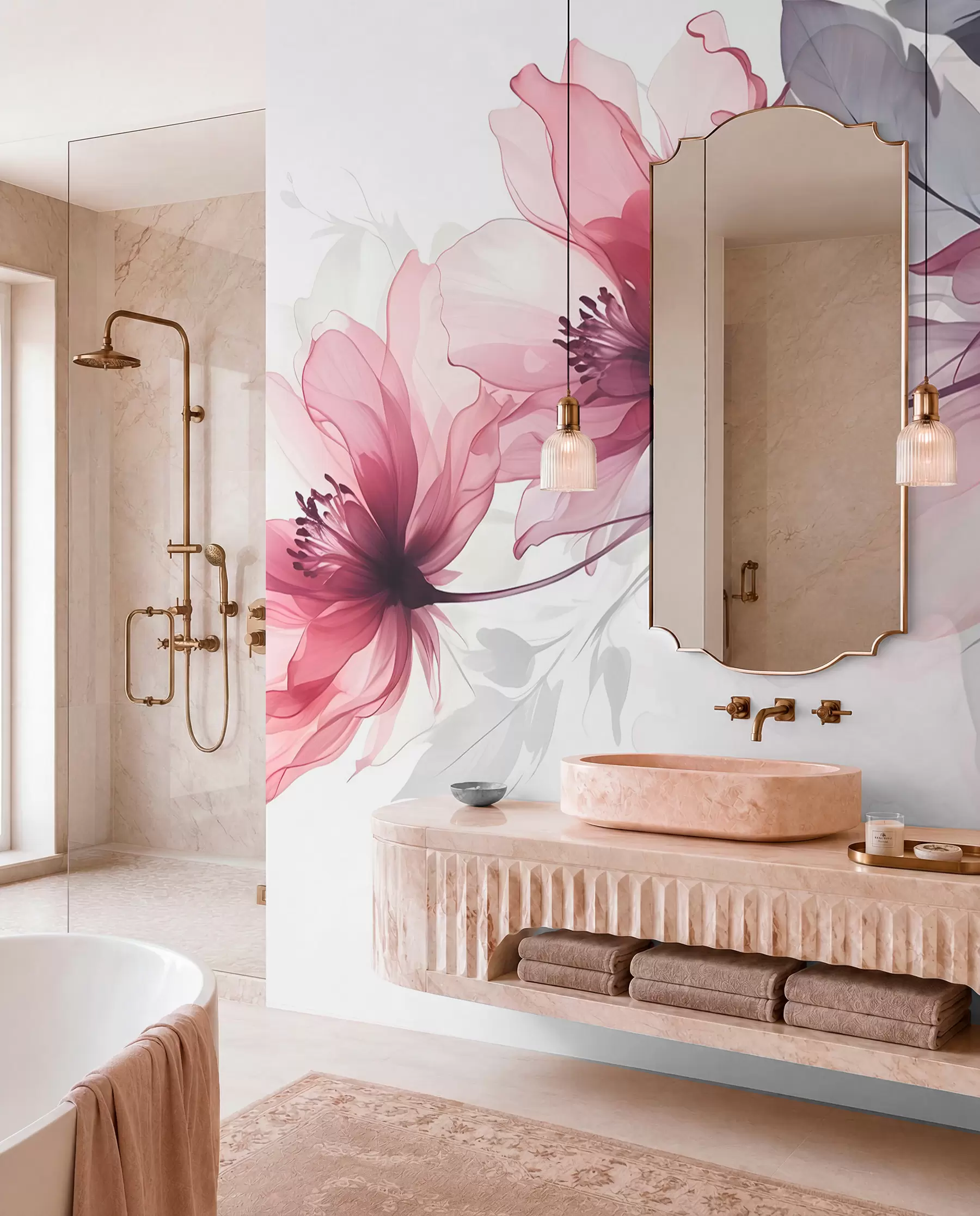murales de pared Delicadas flores transparentes rosas y grises con pétalos suaves y difuminados sobre fondo blanco w08429