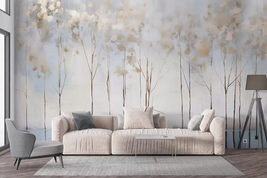 murales de pared Árboles desnudos en pastel abstracto borrosa paisaje minimalista de invierno con un fondo suave y brumoso w08430