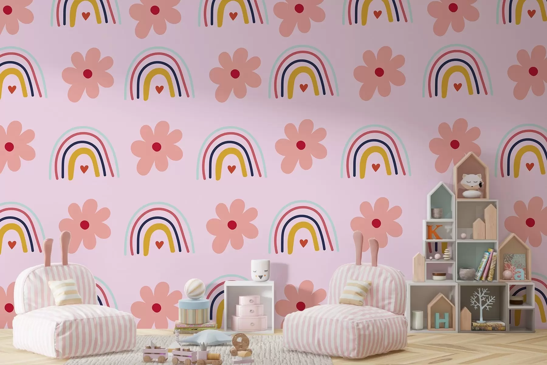 murales de pared Arco iris y flores en rosa w02241