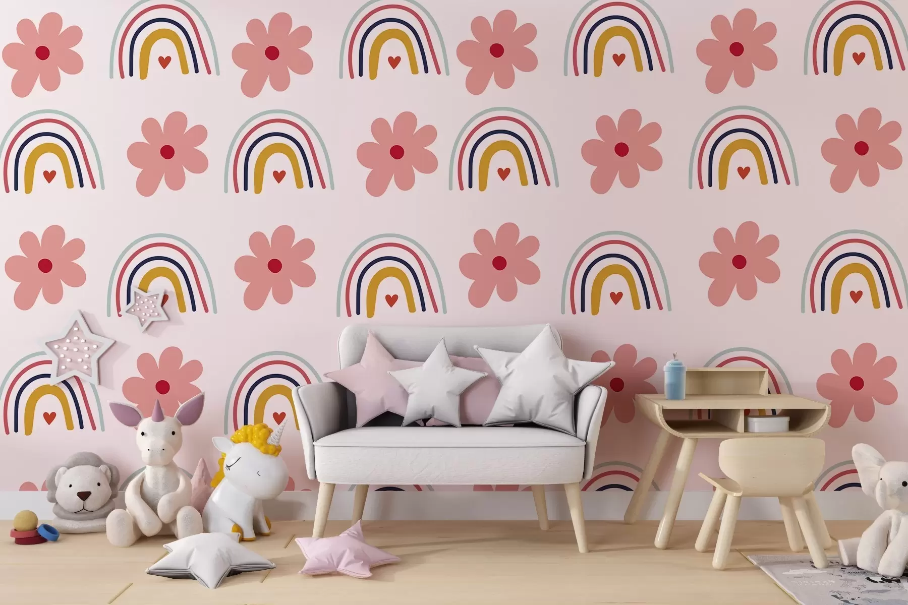 murales de pared Arco iris y flores en rosa claro w02241v1