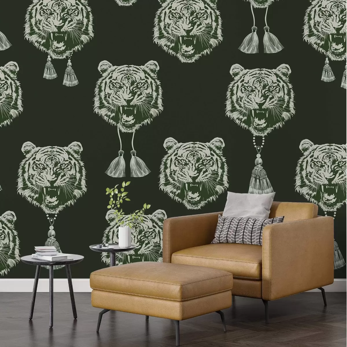 murales de pared Cara de tigre en secciones verdes w02245v3