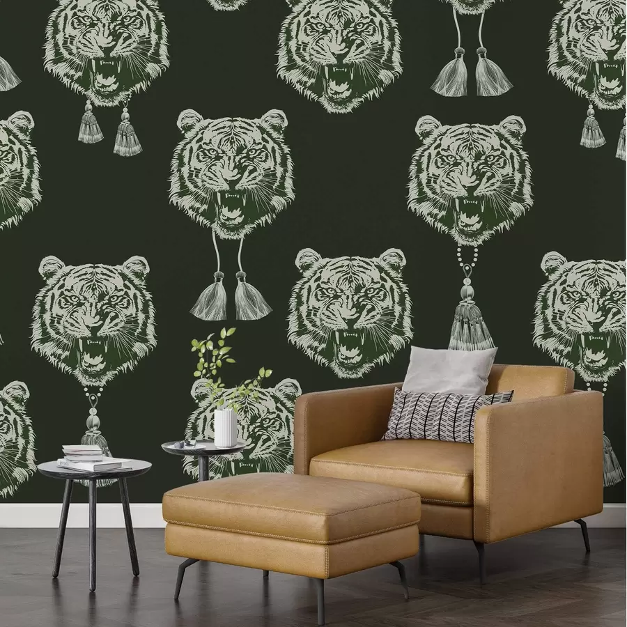 murales de pared Cara de tigre en secciones verdes w02245v3