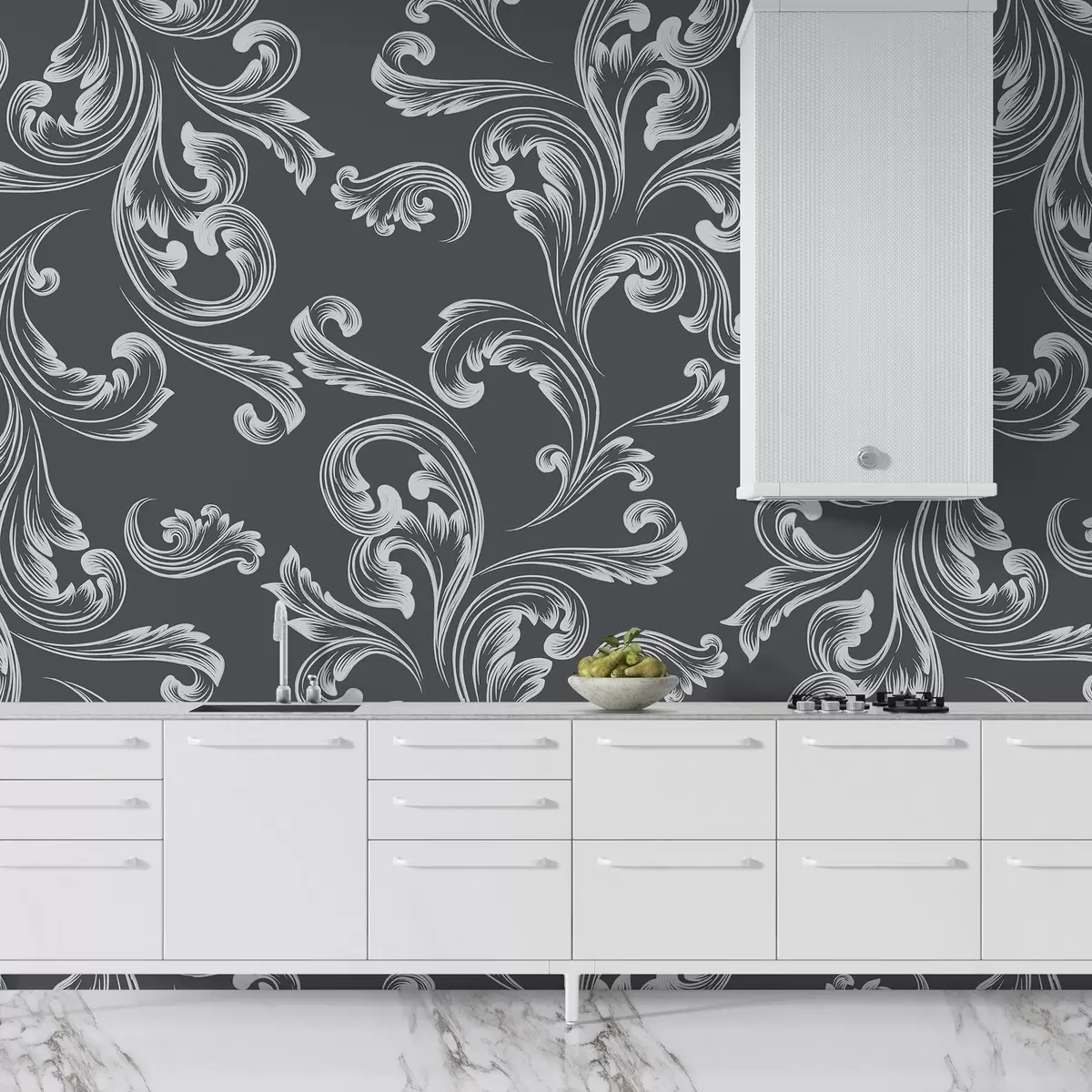 murales de pared Damasco, adorno monograma, tono gris w02247v1