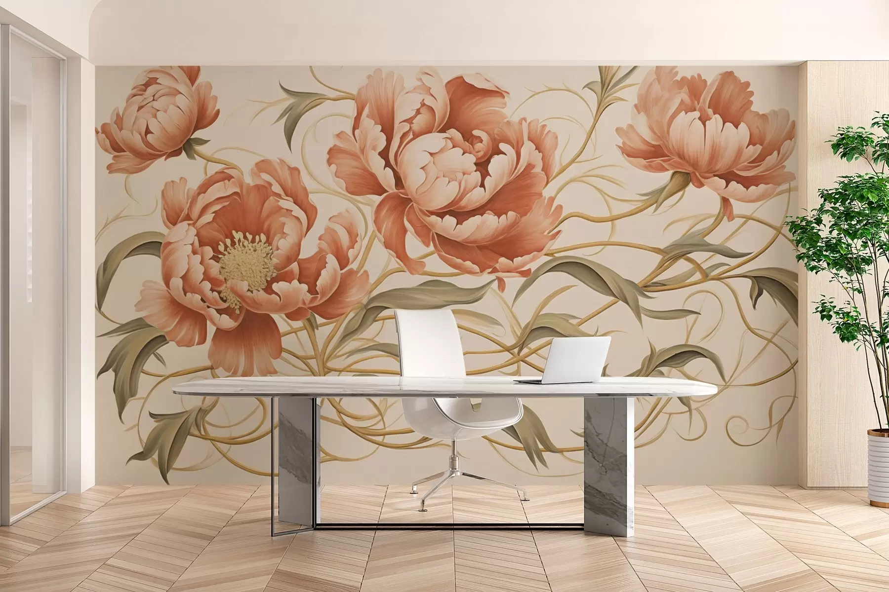 murales de pared Peonías de moda con hojas retorcidas w02297