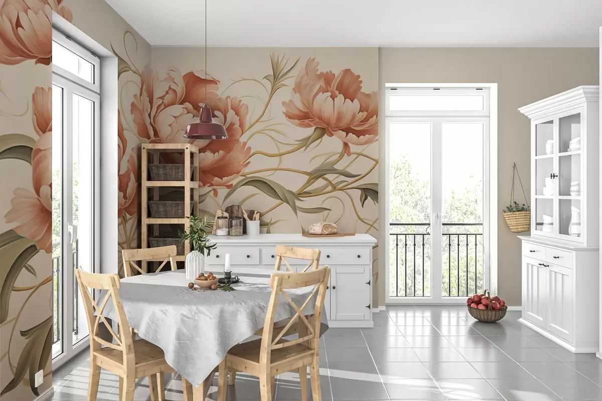 murales de pared Peonías de moda con hojas retorcidas w02297