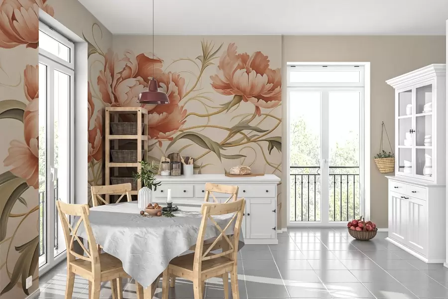 murales de pared Peonías de moda con hojas retorcidas w02297