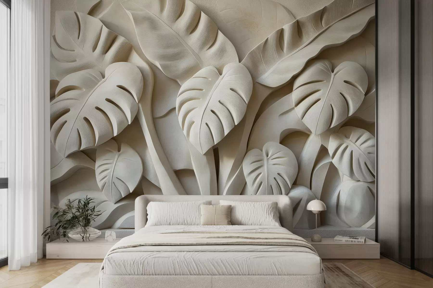murales de pared Bajorrelieve de grandes hojas de monstera w02312