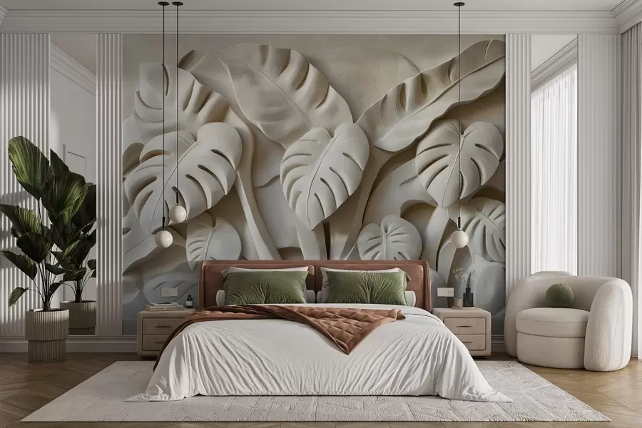 murales de pared Bajorrelieve de grandes hojas de monstera w02312