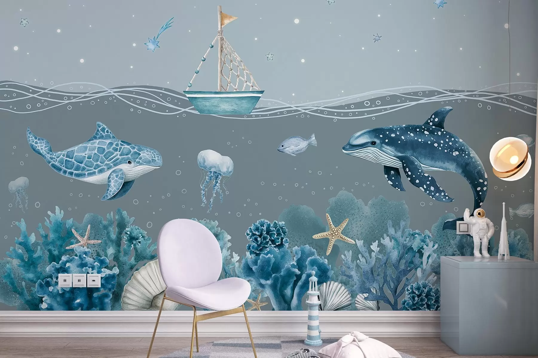 murales de pared Vida marina, estilo acuarela, corales, barco, delfín, medusa, cielo estrellado, colores azules suaves w02310v3