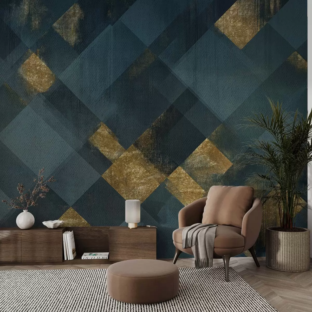 murales de pared geometría moderna en un estilo lujoso de tono esmeralda w02340v1