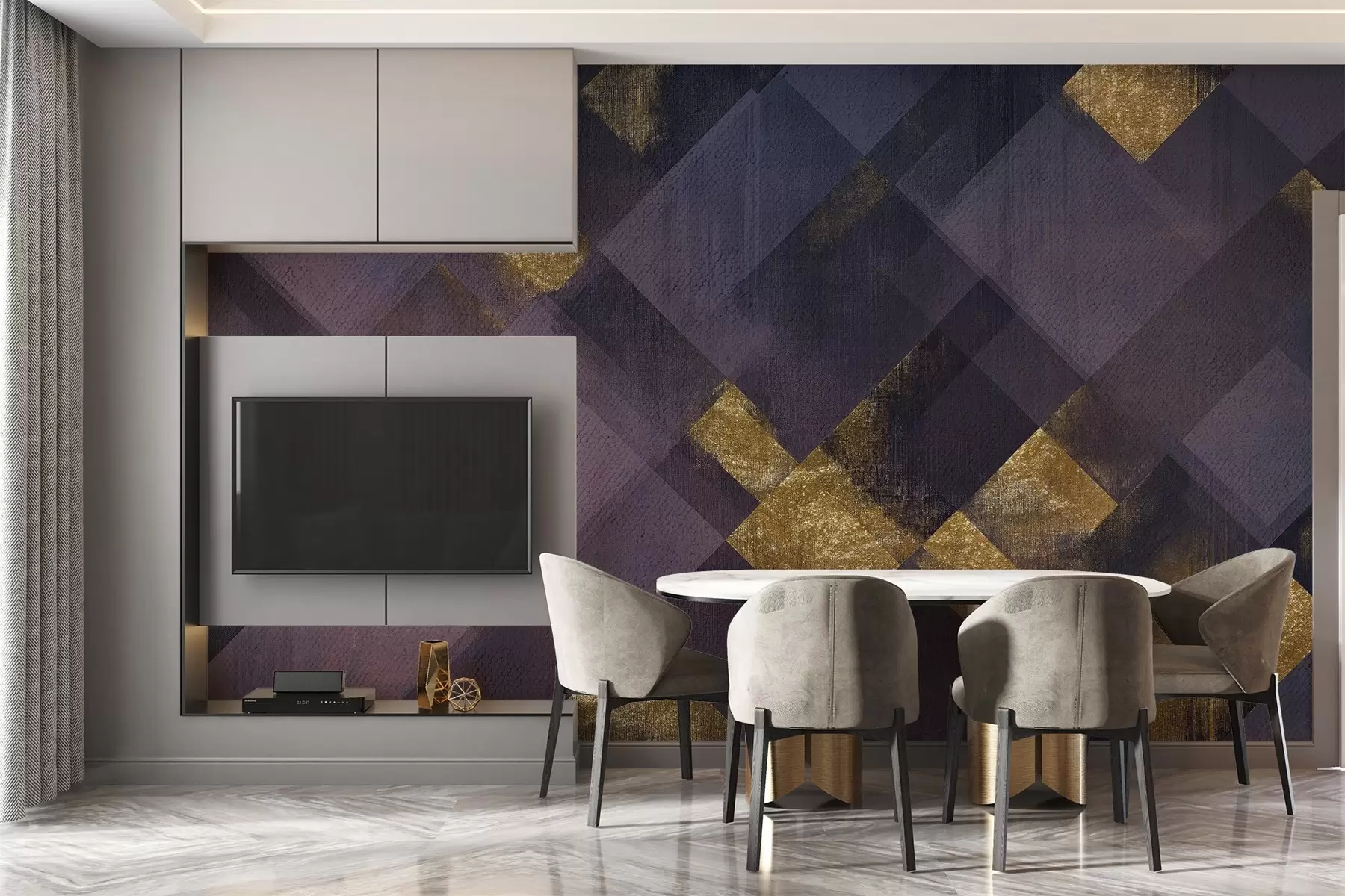 murales de pared geometría moderna en un estilo lujoso con un tono púrpura w02340v2