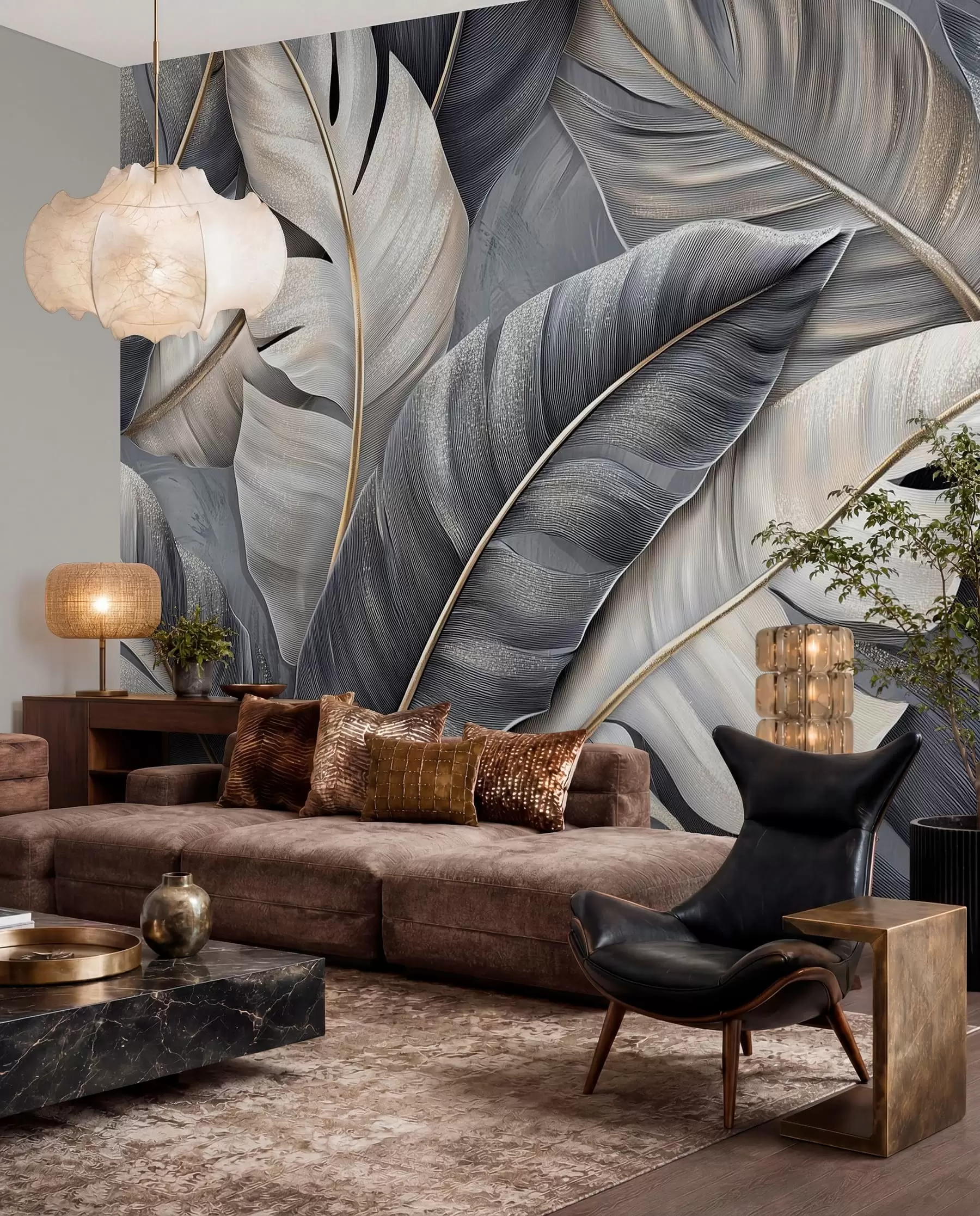 murales de pared Hojas tropicales antracita w02342