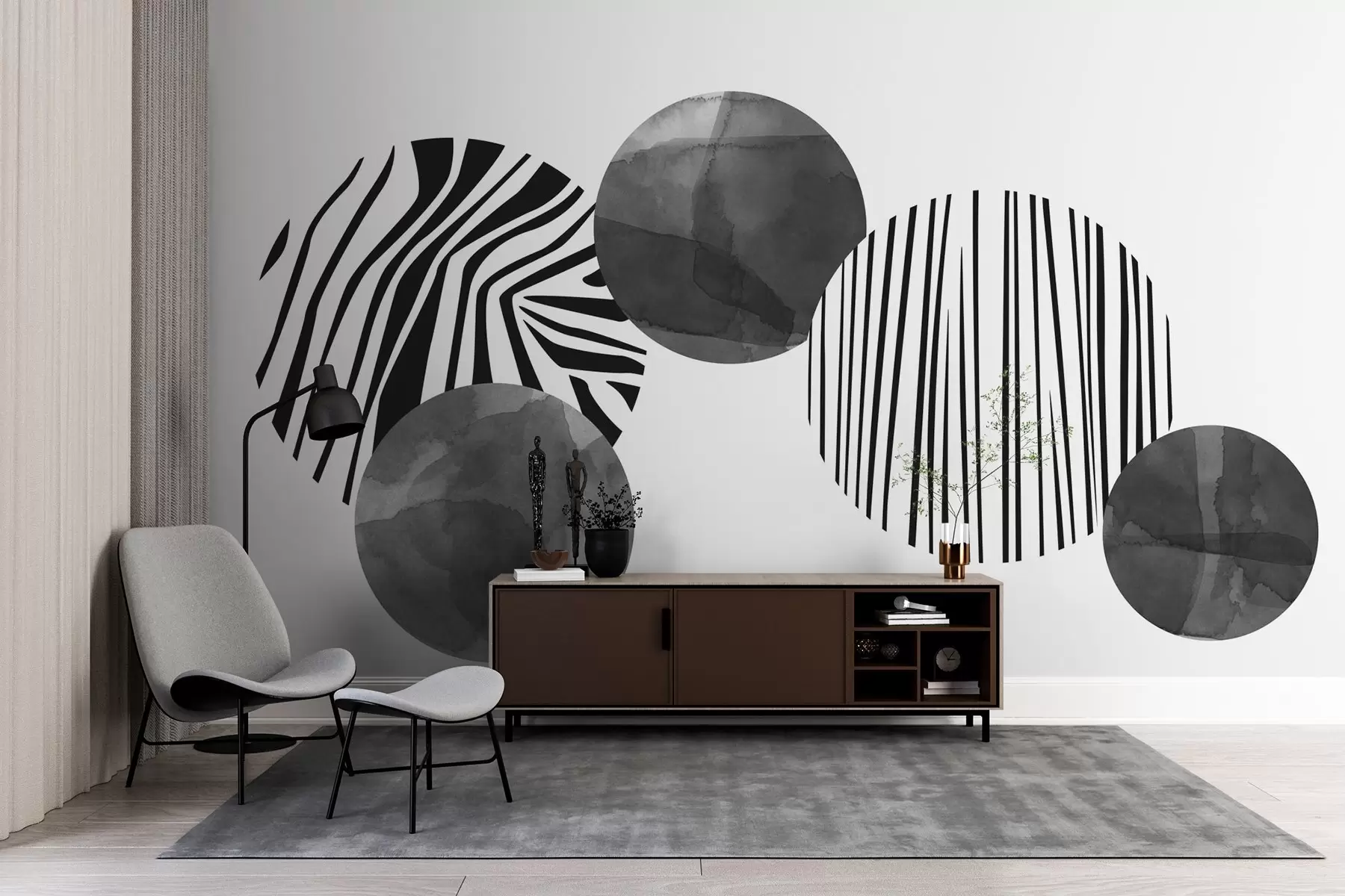 murales de pared Círculos con rayas, líneas e imitación de textura de acuarela w02337