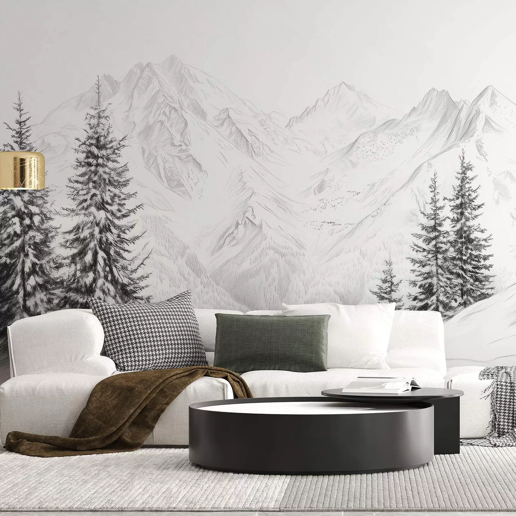 murales de pared Montañas nevadas, dibujo a lápiz, minimalismo, bosque, naturaleza w02351