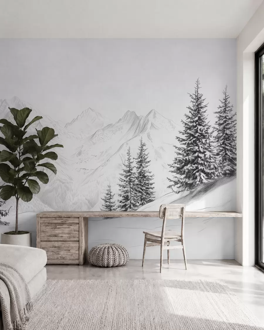 murales de pared Montañas nevadas, dibujo a lápiz, minimalismo, bosque, naturaleza w02351