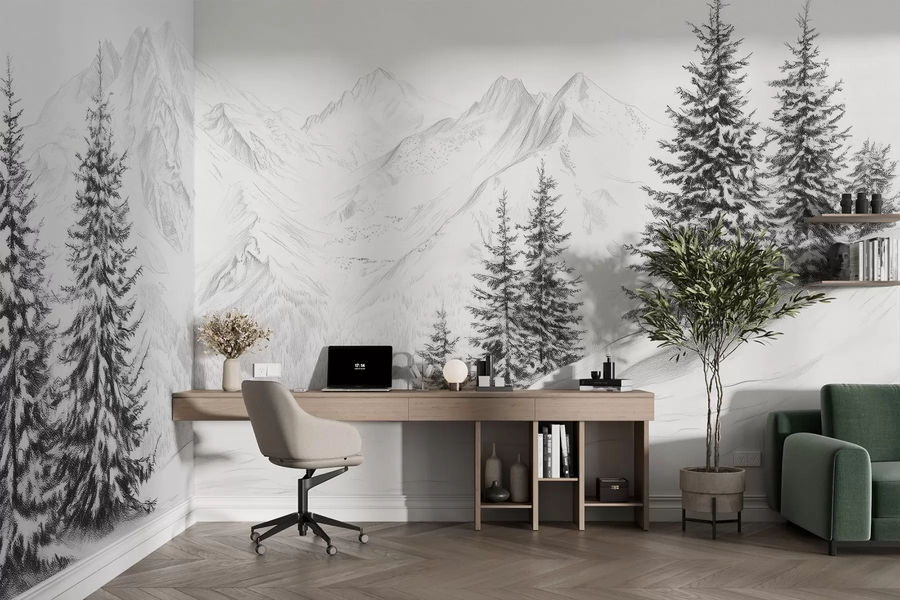 murales de pared Montañas nevadas, dibujo a lápiz, minimalismo, bosque, naturaleza w02351