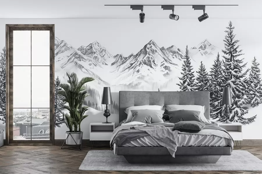 murales de pared Montañas alpinas en la nieve, estilo lápiz, minimalismo w02352