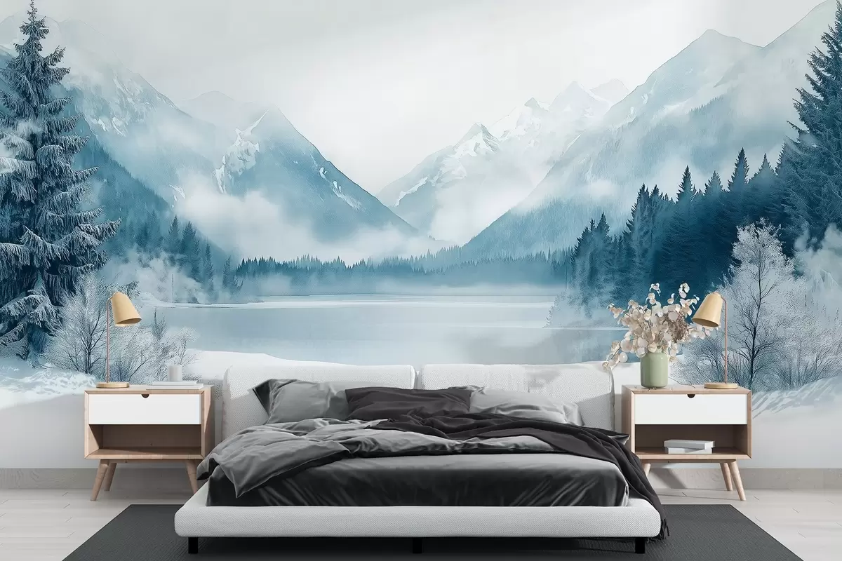 murales de pared Montañas invernales, lago helado, bosque de pinos, paleta de colores azules, estilo acuarela w02354
